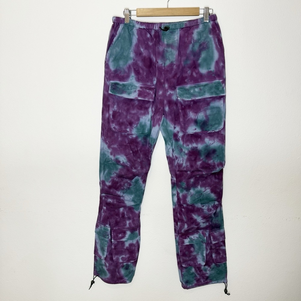 New mnml Purple Blue Tie Dye Cargo Pants Drawstring Waist Ankles Men's Medium